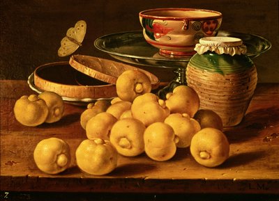 Still life with quinces, a silver fruit dish, bowls, a box for sweets and a butterfly by Luis Egidio Melendez